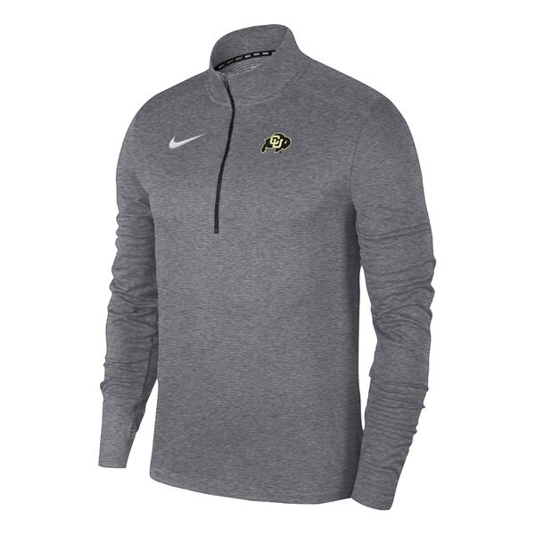 Heather gray Nike quarter-zip pullover with CU Buffaloes logo on left chest and white Nike logo on right chest